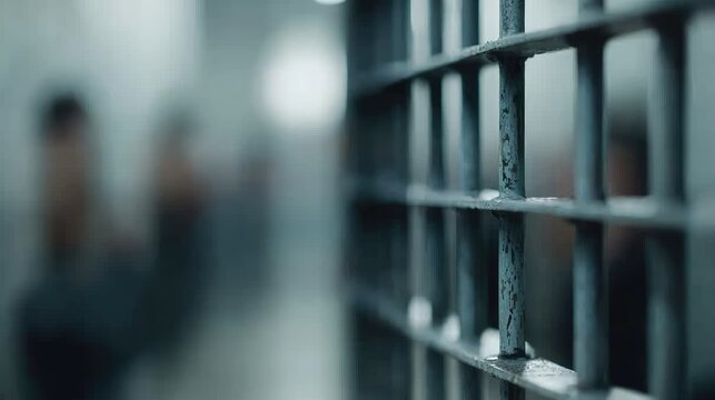 Metal prison bars close up with blurred inmates standing in a dim correctional facility corridor.