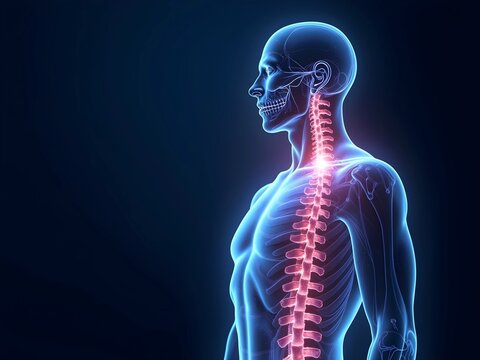 Futuristic 3D medical illustration of a human skeletal system with a glowing spine, highlighting spinal health, Perfect for healthcare, technology, medical and anatomy-related concepts
