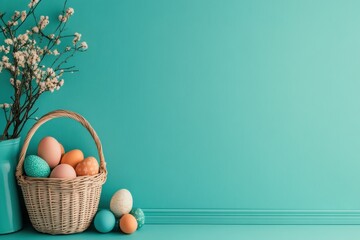 Bright pastel Easter basket with colorful eggs and spring decor on a teal background celebrating the holiday spirit