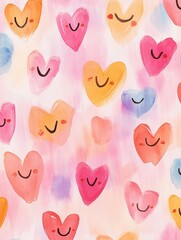 Colorful watercolor hearts with smiling faces on a soft pastel background. Generative AI