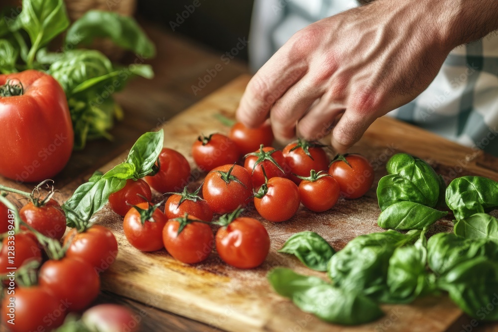 Poster cooking preparation with fresh tomatoes and basil on a wooden cutting board in a rustic kitchen sett