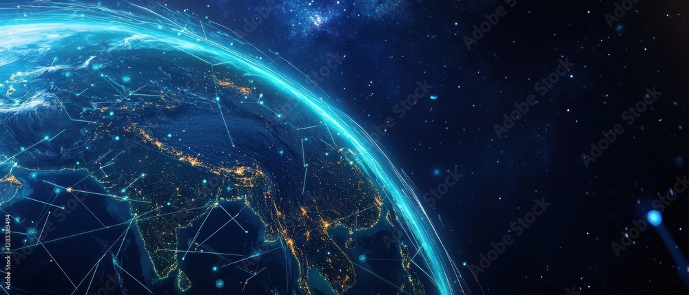Poster digital globe representing global connectivity with a network of lines and lights in space, illustra