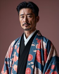 Obraz premium Japanese male middle aged in a haori jacket on close up portrait plain dusty rose background