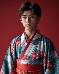 Japanese male teen in a kimono on close up portrait plain red background