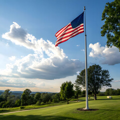 american flag on a green field