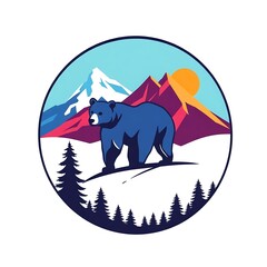 Fototapeta premium Pop Art Style Bear Amidst Mountains and Trees, Bold Logo Design for T-Shirt Graphic