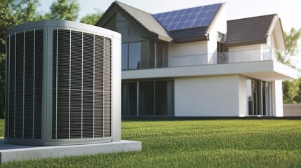 Air conditioning unit installed outside modern house with solar panels, energy efficiency, home comfort, green technology, residential HVAC system, outdoor space.