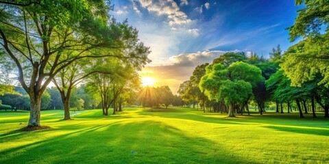 Obraz premium Vibrant green park scenery, a lush grass field, nature's spring and summer beauty.