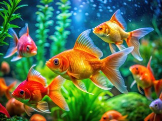 Fototapeta premium Vibrant orange, red, and yellow goldfish contrast beautifully within their green, blue, and turquoise tank.