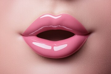 Glossy pink lips appear slightly parted, showcasing a soft, alluring look with a smooth texture.