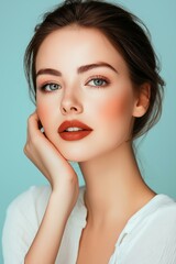 Fototapeta premium Stylish portrait of a young woman with beautiful makeup on a soft blue background.
