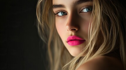 Fototapeta premium Beautiful model with bright pink lips, face half in shadow, dramatic side light