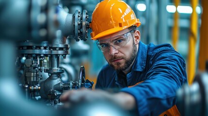A focused worker in a safety helmet examines machinery in an industrial setting, showcasing dedication and attention to detail.