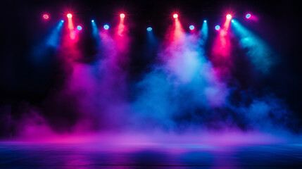 Empty podium stage with colorful spotlights with smoke.