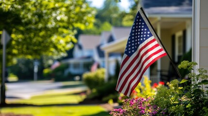 American flag waving in front of residential homes with green lawns and colorful flowers, symbolizing patriotism and community in suburban neighborhoods.