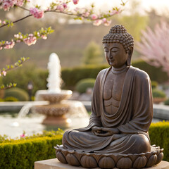 buddha statue in the garden .A peaceful Buddha statue reflects on a serene garden at sunset, surrounded by lush greenery and warm light