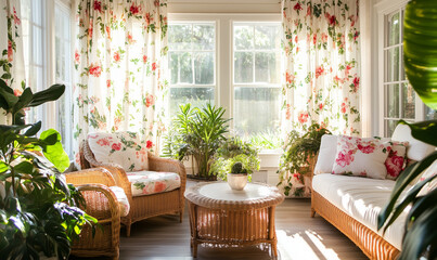Fototapeta premium Bright Airy Sunroom Featuring Flowing Floral Curtains Natural Light And Inviting Relaxation In Modern Interiors