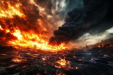 A raging fire engulfs ruins, thick black smoke rising into the sky.