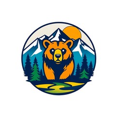 Obraz premium Pop Art Style Bear Amidst Mountains and Trees, Bold Logo Design for T-Shirt Graphic