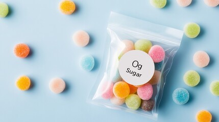 Colorful Candy Gummies in Clear Bag on Light Blue Background