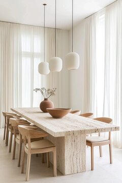 Bright modern dining room with a long travertine dining table, sculptural wooden chairs, a minimalist ceramic centerpiece, sheer linen drapes