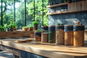 Eco-friendly food packaging options displayed on a rustic wooden table in a plant-filled space