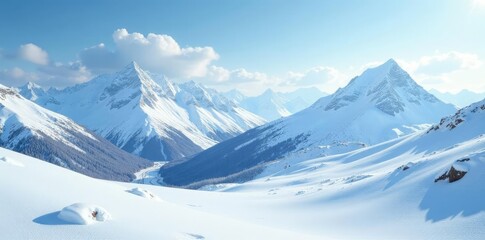 Obraz premium Serene snowy landscape with snow-capped mountains in the background, icy hills, snowy scene