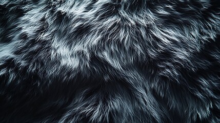 Close-up of luxurious fur transitioning from dark black to silvery steel gray, fine strands forming flowing organic patterns, illuminated by soft, diffused light,