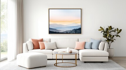 Eclectic modern living room featuring a modular linen sectional in raw sand tones, a square linen ottoman, a sleek acrylic coffee table, a framed watercolor