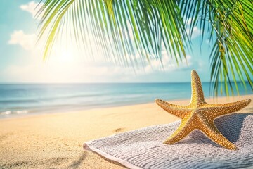 Fototapeta na wymiar Relaxing beach scene with a starfish and gentle ocean waves under a clear sky