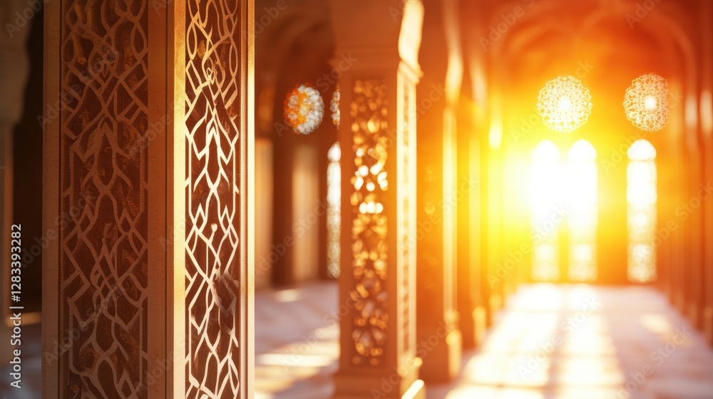 Poster elegant architecture with intricate patterns and warm sunlight