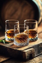 Whiskey Tasting Set with Crystal Glasses and Rustic Wooden Barrel