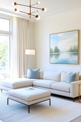 Eclectic modern living room featuring a modular linen sectional in warm flax and almond tones, a square linen ottoman, a sculptural brass coffee table