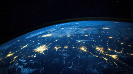 Obraz premium Earth from space view with bright city lights visible at night, satellite imagery of planet, global connectivity, environmental awareness, and space exploration.