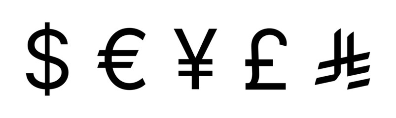 nternational currency symbol icons. Currency symbols. Dollar, Euro, Pound, Riyal, Rupee, Yen or Yuan, Franc, Won, Renminbi and Turkish lira se. Money kind icons. Vector Illustration. Vector graphic.