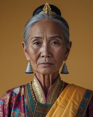 Obraz premium Thai female elderly in a traditional dress on close up portrait plain mustard yellow background