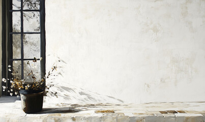 A smooth white stucco wall accented by scattered aged brick elements balances modern simplicity with rustic character.
