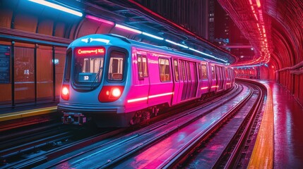 Obraz premium Neon Pink Train Tunnel Subway Ride