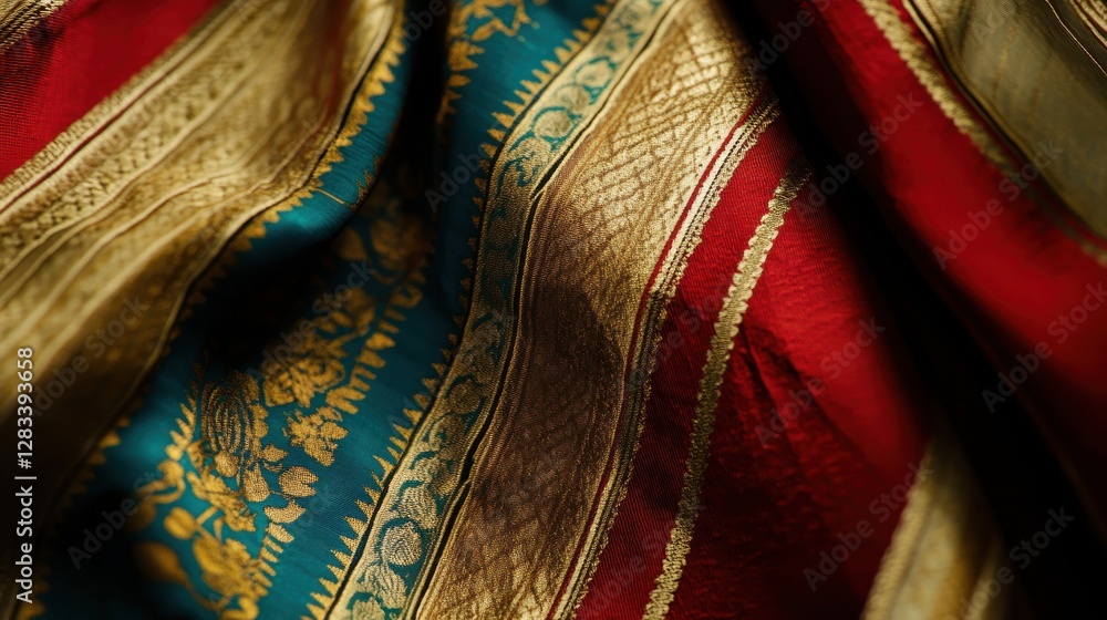 Poster Elegant Fabric Close-Up with Gold and Red Textures and Patterns