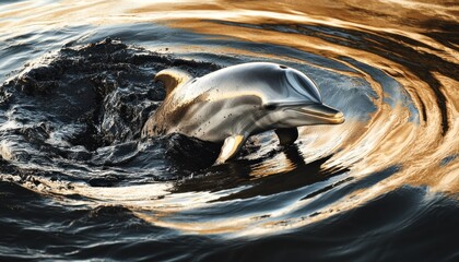 Obraz premium Dolphin emerging from golden water at sunset