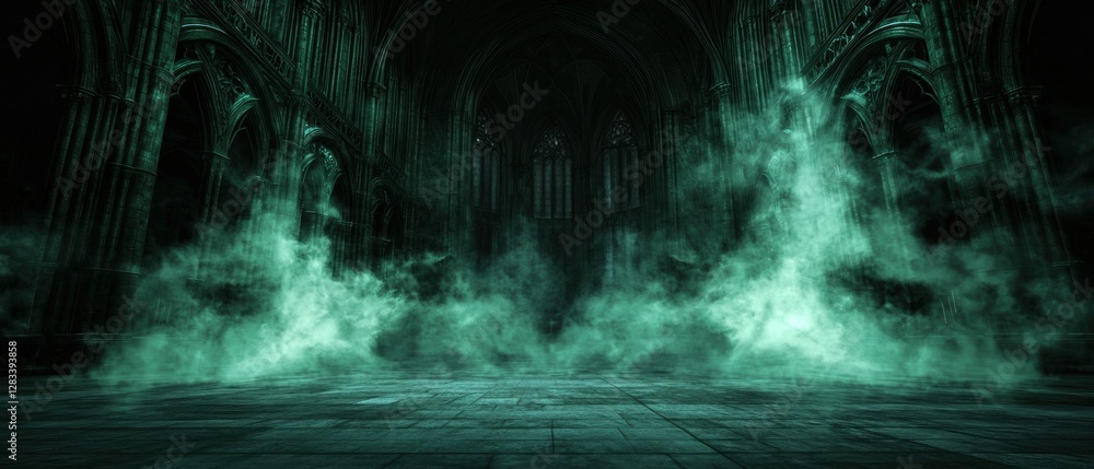Poster gritty and muted atmosphere with ethereal fog in an abandoned gothic space