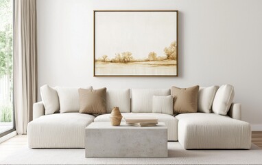 Eclectic modern lounge featuring a modular boucle sectional in warm ivory and taupe, a sculptural raw concrete coffee table, a framed soft toned landscape