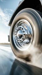 Truck wheel rotating at high speed on wet asphalt road