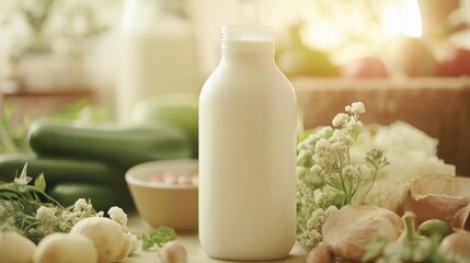 Fresh milk bottle displayed on table with vegetables and flowers in rustic kitchen