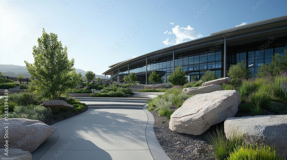 Poster modern sustainable campus design featuring natural elements and open spaces