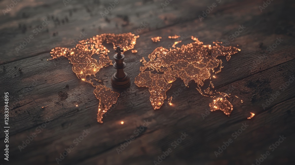 Poster illuminated world map with chess piece symbolizing strategy and global connections