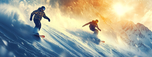 Two snowboarders in action, with the sun shining behind them
