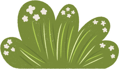 A simple green bush with small white flowers in a flat, minimalistic style. Perfect for nature-themed designs.