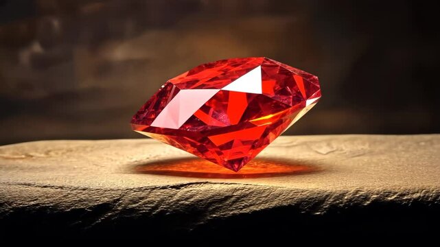 Red gemstone with sparkling facets on wooden surface