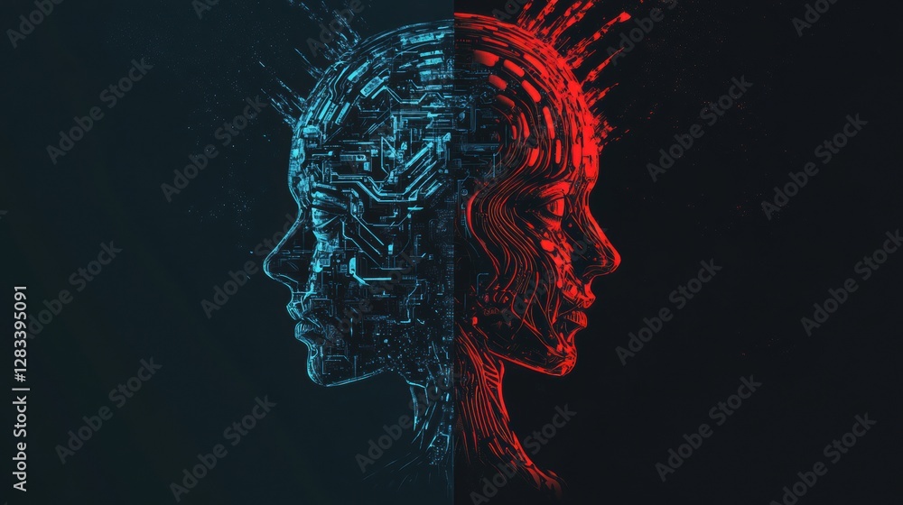 Poster human head outline merges organic and mechanical features with ai technology in a detailed cyberneti